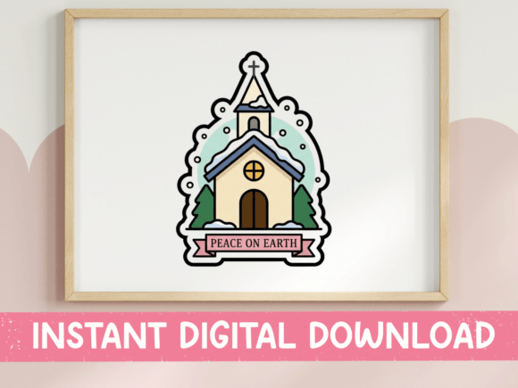 Peace on Earth Snowy Church Sticker: A Classic Scene for Holiday Crafts